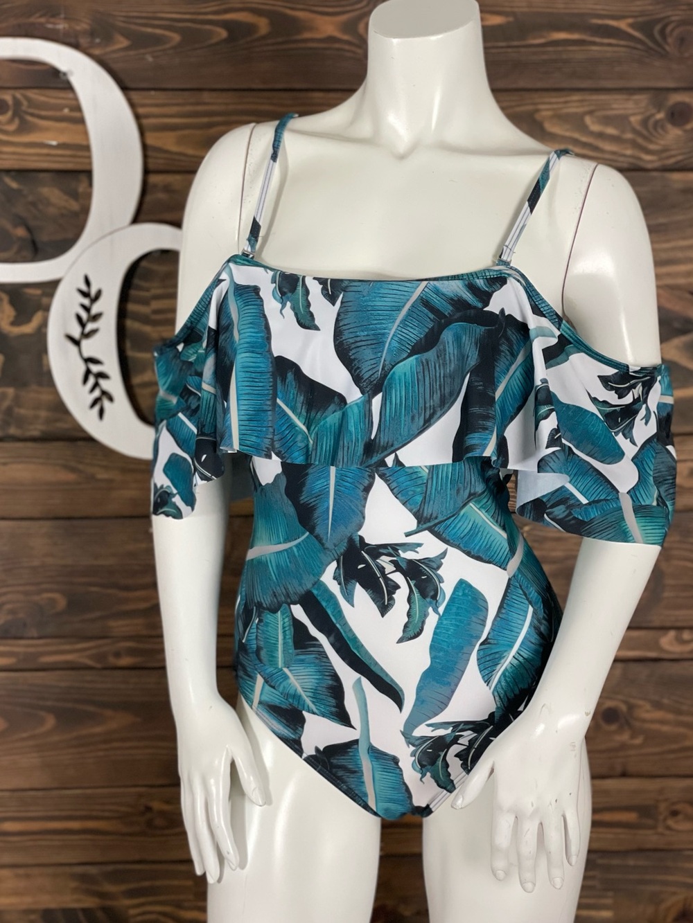 SHEIN | Teal & White Tropical Leaf Cold-Shoulder One-Piece Swimsuit